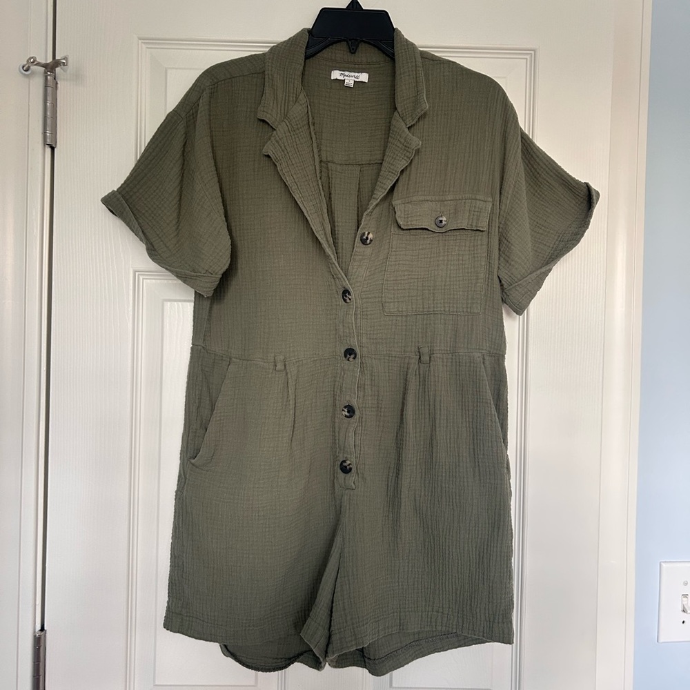 Madewell Olive Green Linen Waffle Knit Romper